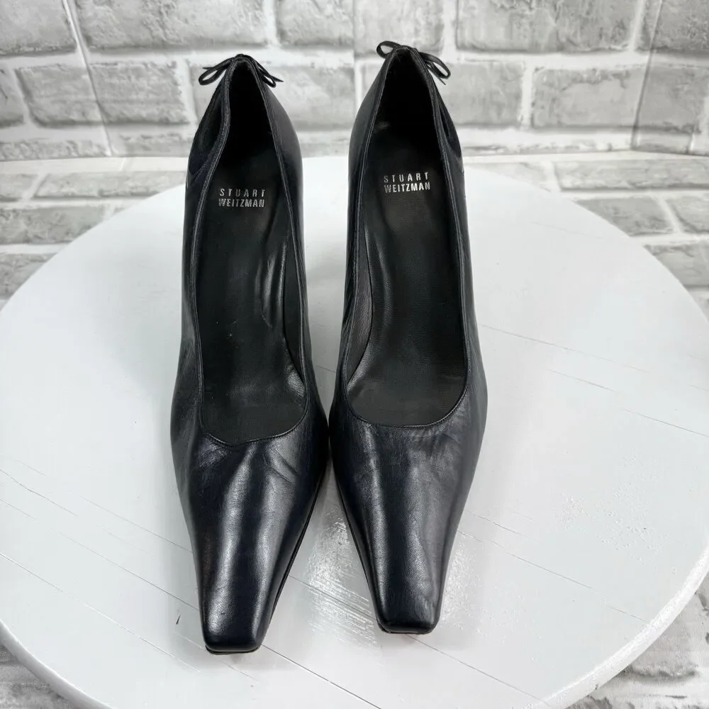 Stuart Weitzman Women's 9 M Dark Blue Leather Pointed-Toe Bow Classic Pumps